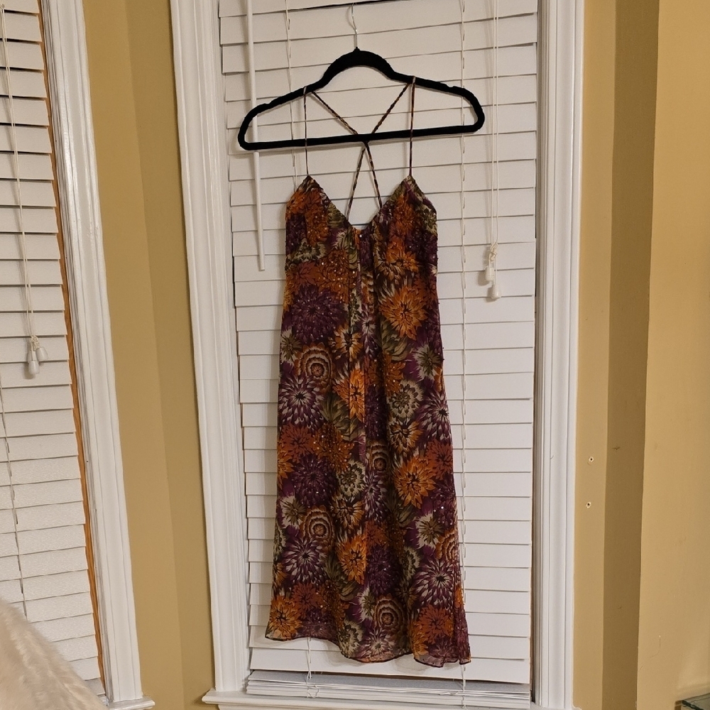 Silk Laundry By Shelli Segal Brown And Orange Sleeveless Midi Dress